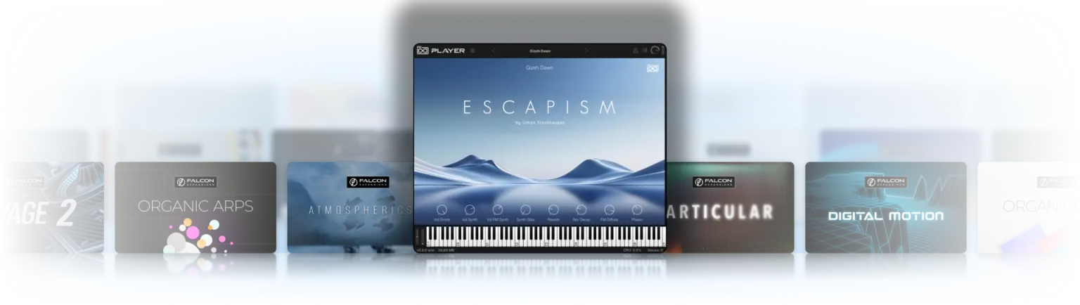 UVI Player loading the Escapism Falcon Expansion alongside other Falcon Expansions such as Organic Arps and Atmospherics