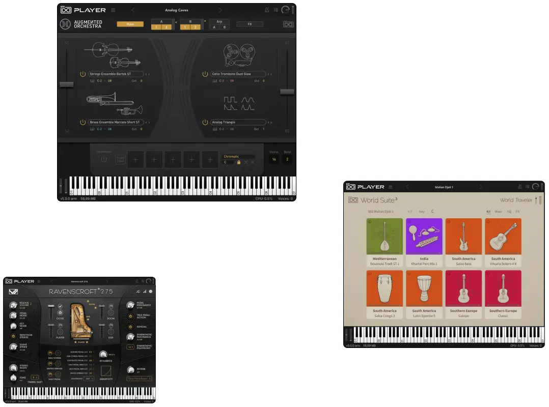 UVI Player free plugin interface showing Augmented Orchestra, Ravenscroft 275, and World Suite 3 instrument screens